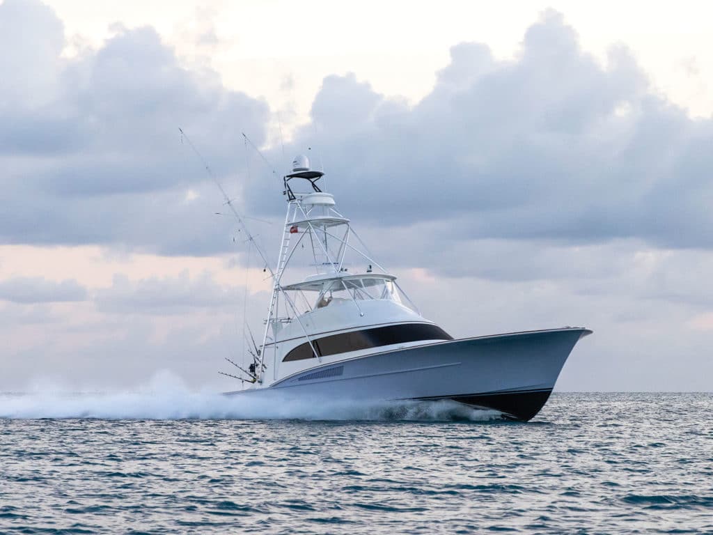 A Titan Custom Yachts 63 sport-fishing yacht on the water.