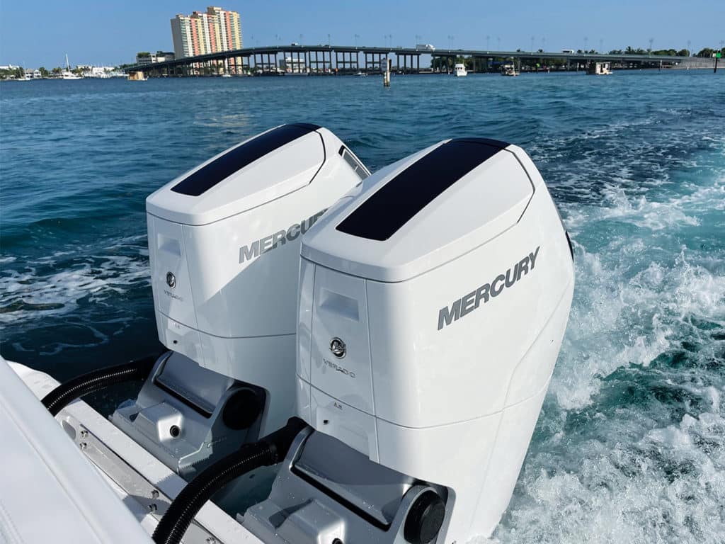 Outboard motors of a sport-fishing boat.