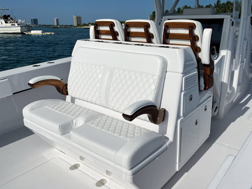 External aft-facing seating of a sport-fishing boat.