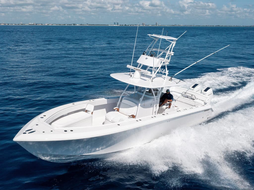 A Bahama Boatworks 41 sport-fishing boat cruising across the water.