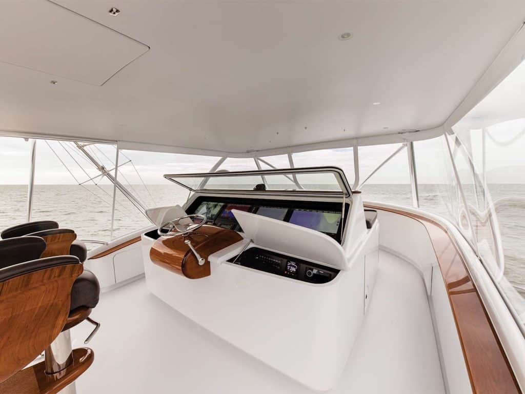 The helm and console of the Bayliss Boatworks 75.