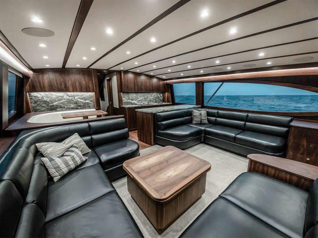 The interior salon of the Bayliss Boatworks 75.