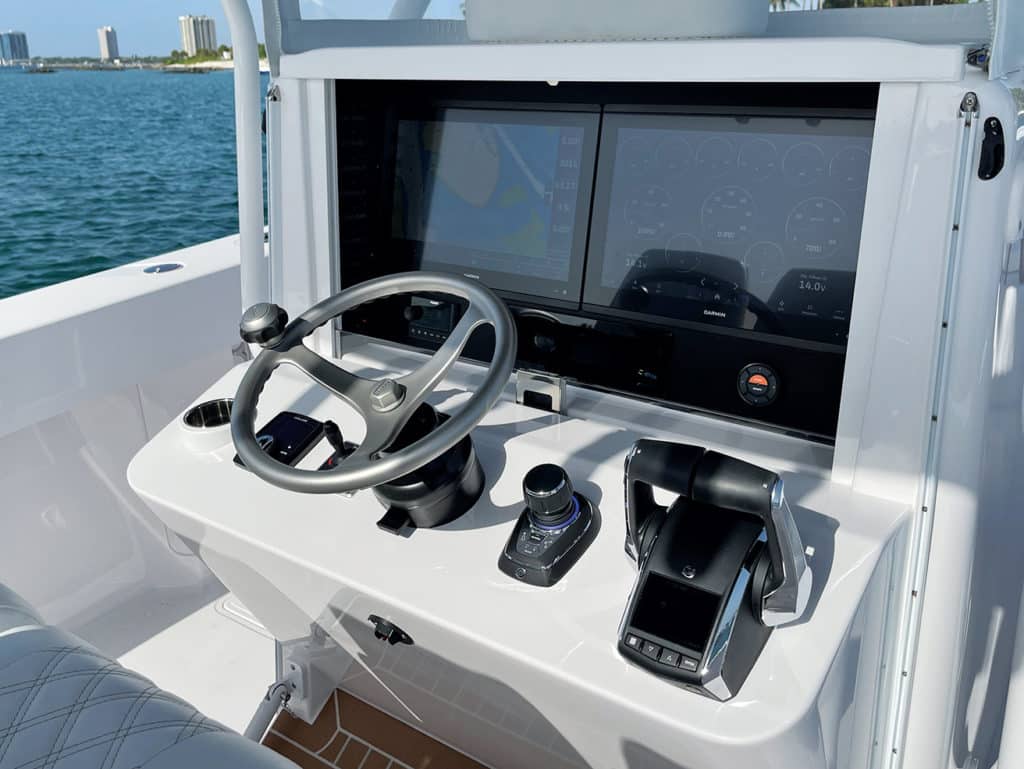 The helm and multi-displays of a sport-fishing boat.