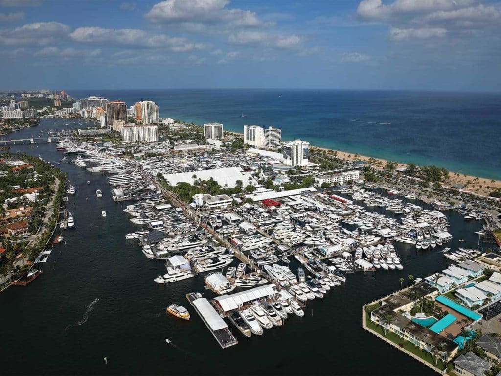 Aerial view of a marina at the Fort Lauderdale Boat Show