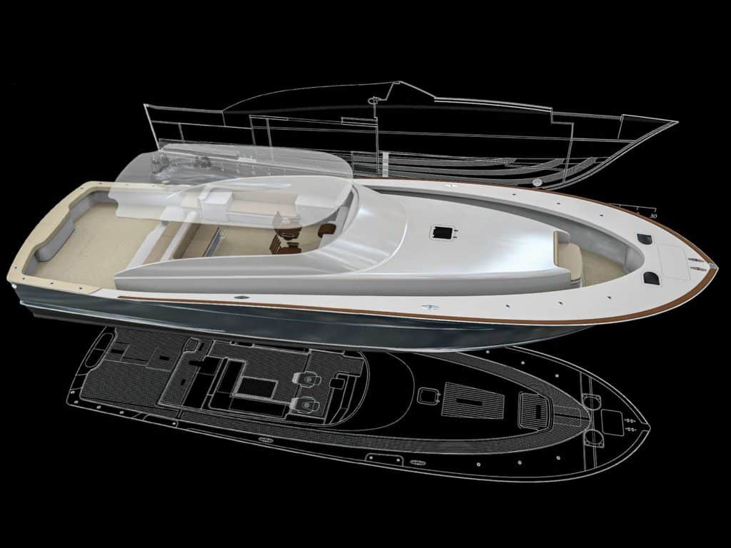 A cross-section diagram and digital rendering of a sport-fishing boat