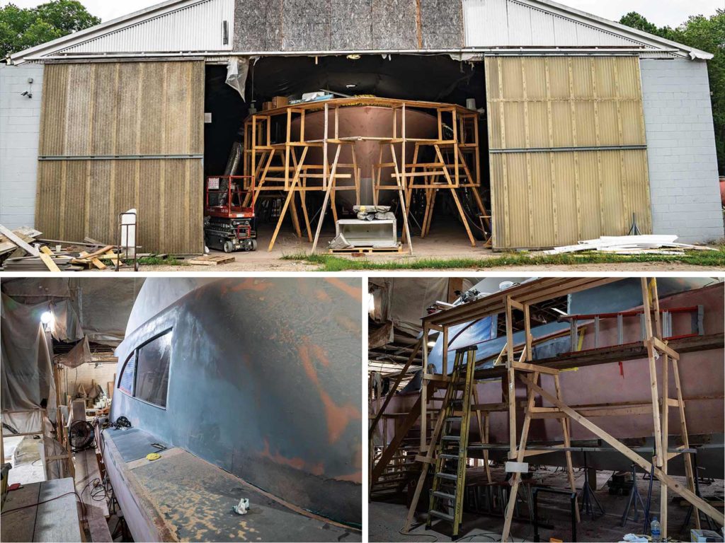 A collage of three boatbuilding photos of a ship's hull.