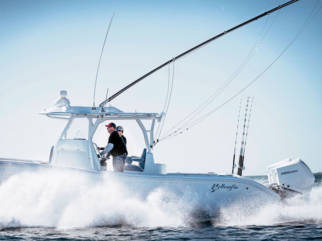 Yellowfin 36 Offshore slicing through waves