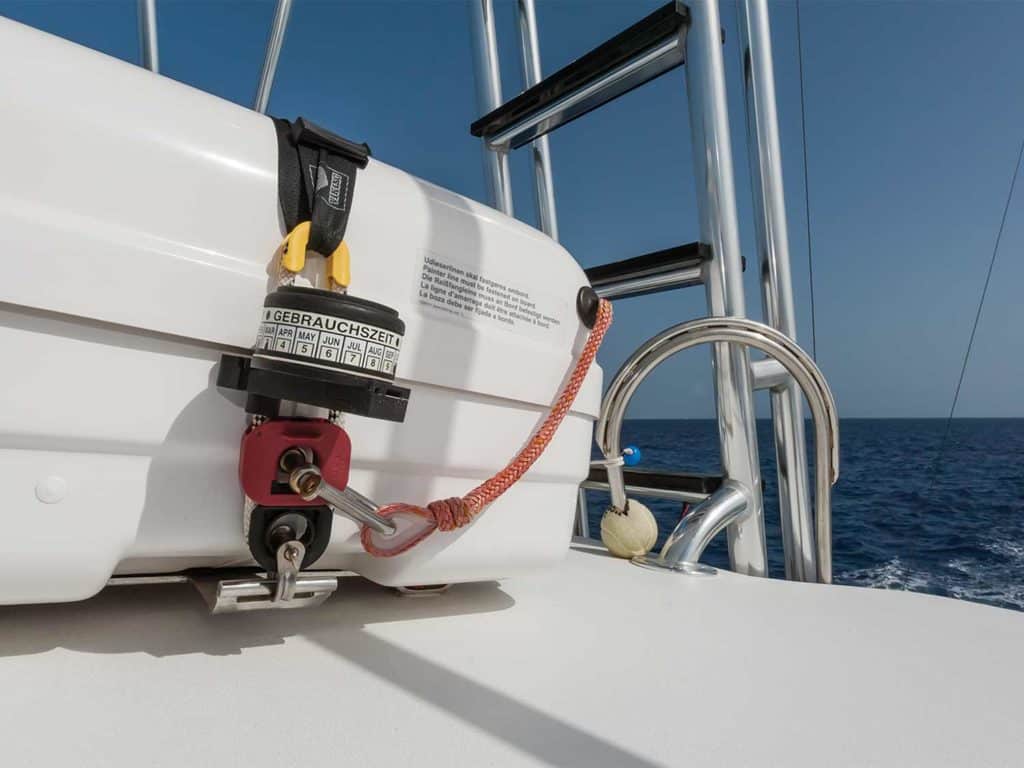 Safety gear on a sport-fishing boat.