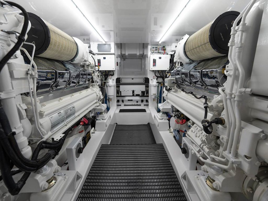 The engine room of a Jarrett Bay Boatworks 56.