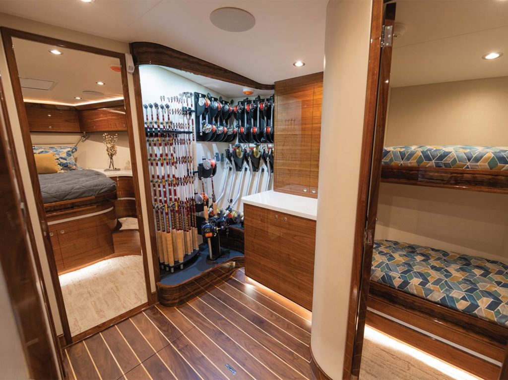 An expansive hidden locker in the interior of a Jarrett Bay Boatworks sport-fishing boat.