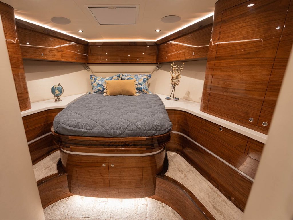 The master stateroom of a sport-fishing boat.