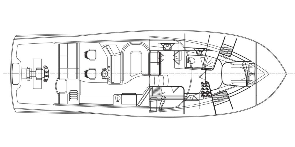 A line art rending of a sport-fishing boat.