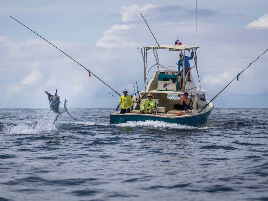 A sport-fishing boat on the ocean, a large marlin jumps and breaks the surface of the ocean nearby.