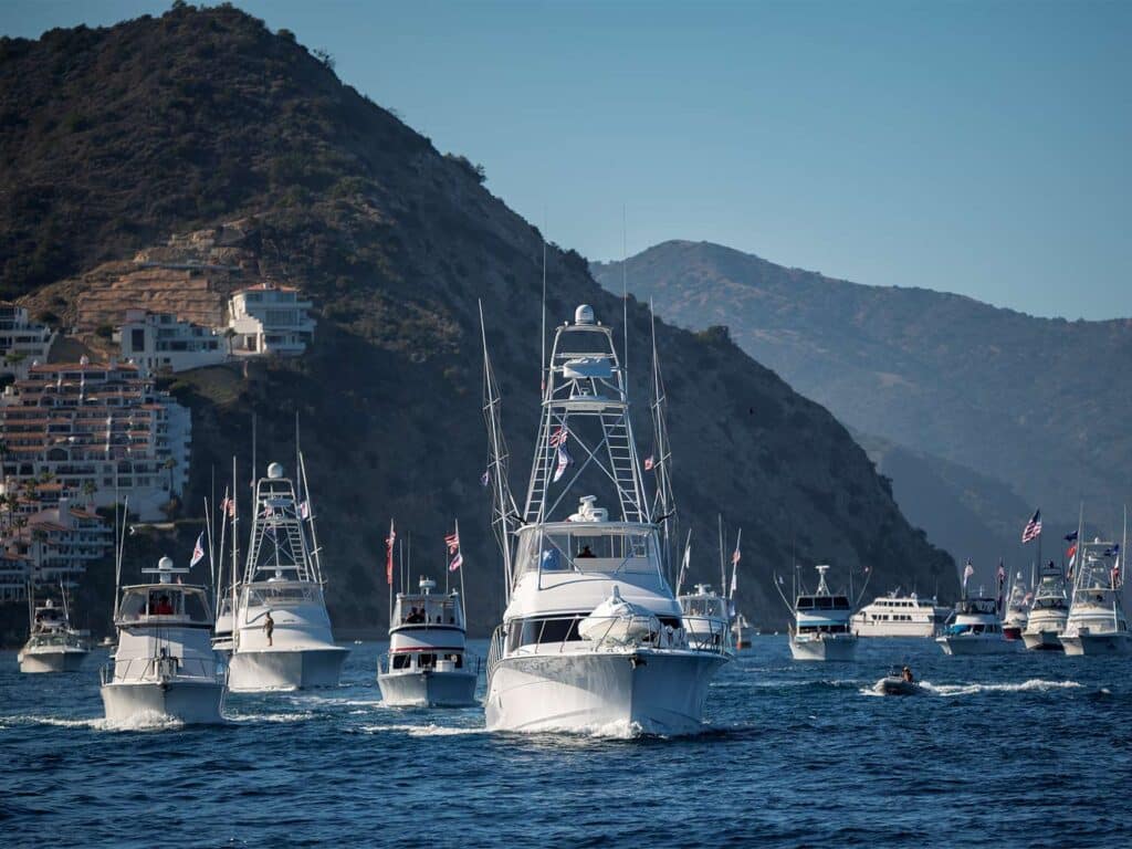 A fleet of sport-fishing boats setting off of the California coast.