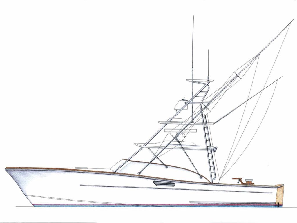 A digital rendering of a sport-fishing boat.