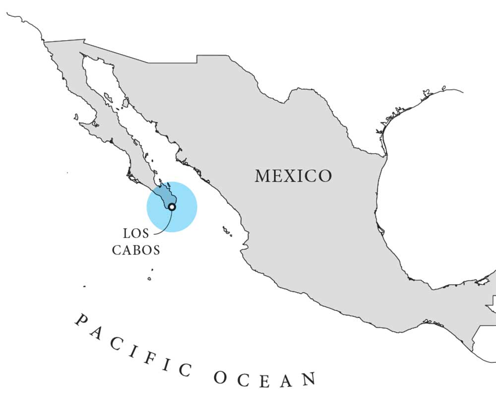 A digital rendering of a map of Mexico, highlighting Los Cabos on the Baja Peninsula.