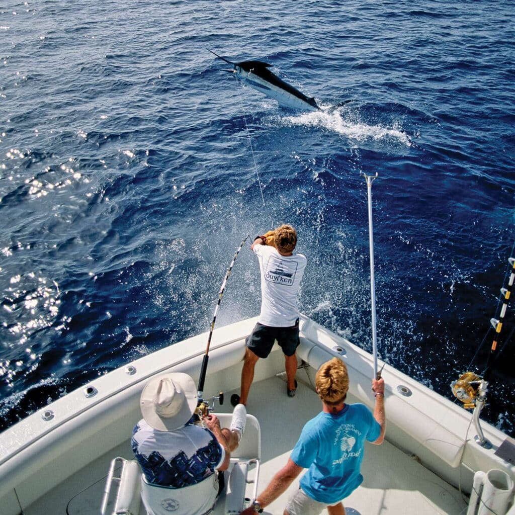 Three anglers fishing while a marlin leaps out of the ocean.