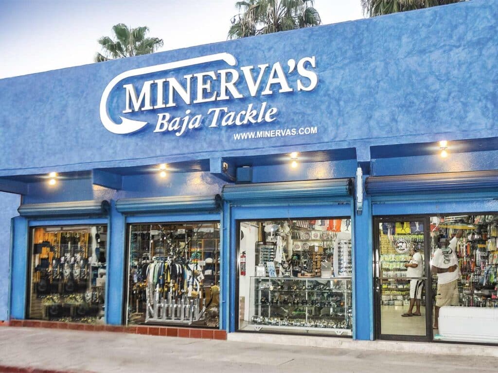 The storefront of Minerva's Baja Tackle.