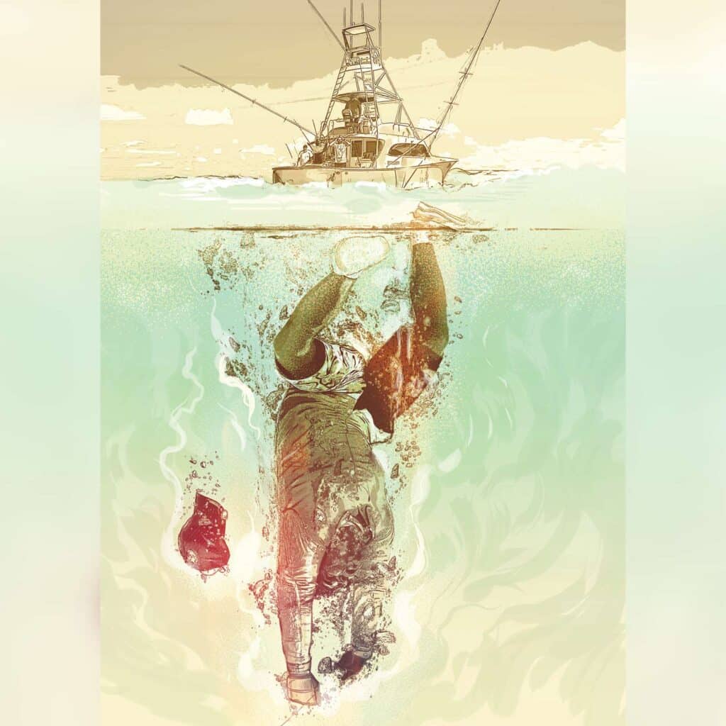 Watercolor illustration of a wireman being pulled underwater at sea.