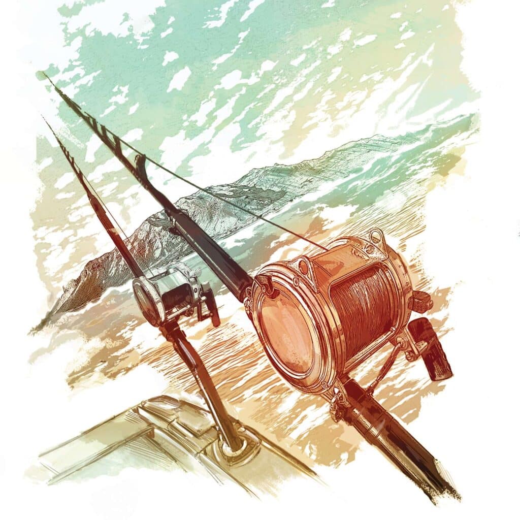 Watercolor illustration of a heavy-tackle fishing reel in the cockpit of a fishing boat at sea.