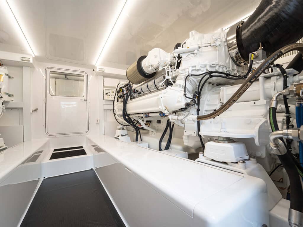 F&S Boatworks 82 sport-fishing boat clean white engine room.