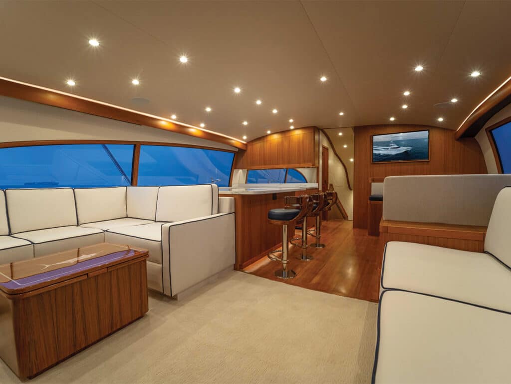 F&S Boatworks 82 sport-fishing boat interior seating salon and galley.