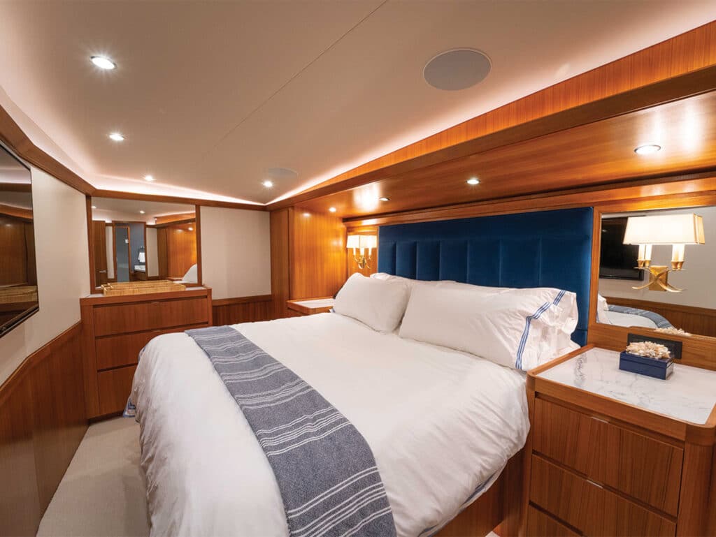 F&S Boatworks 82 sport-fishing boat interior master stateroom.