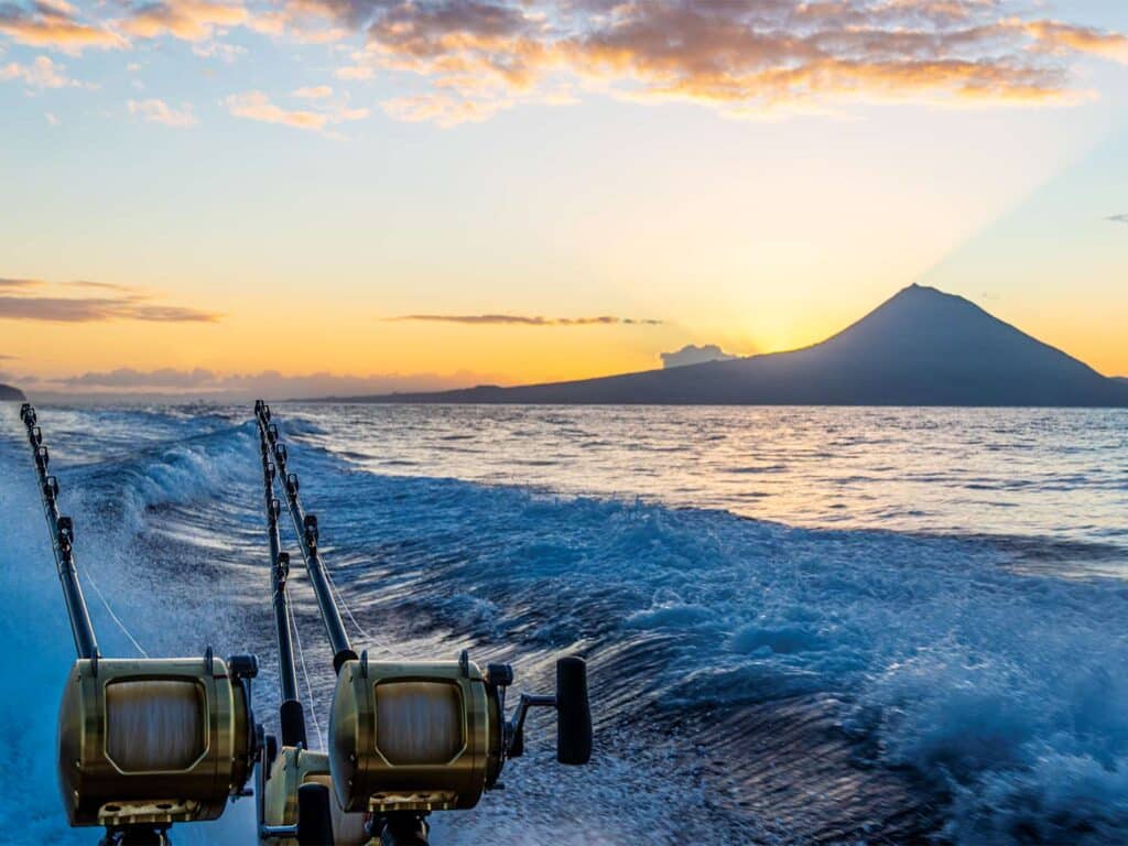 A view of Mount Pico against the setting sun, viewed from an sport-fishing boat.