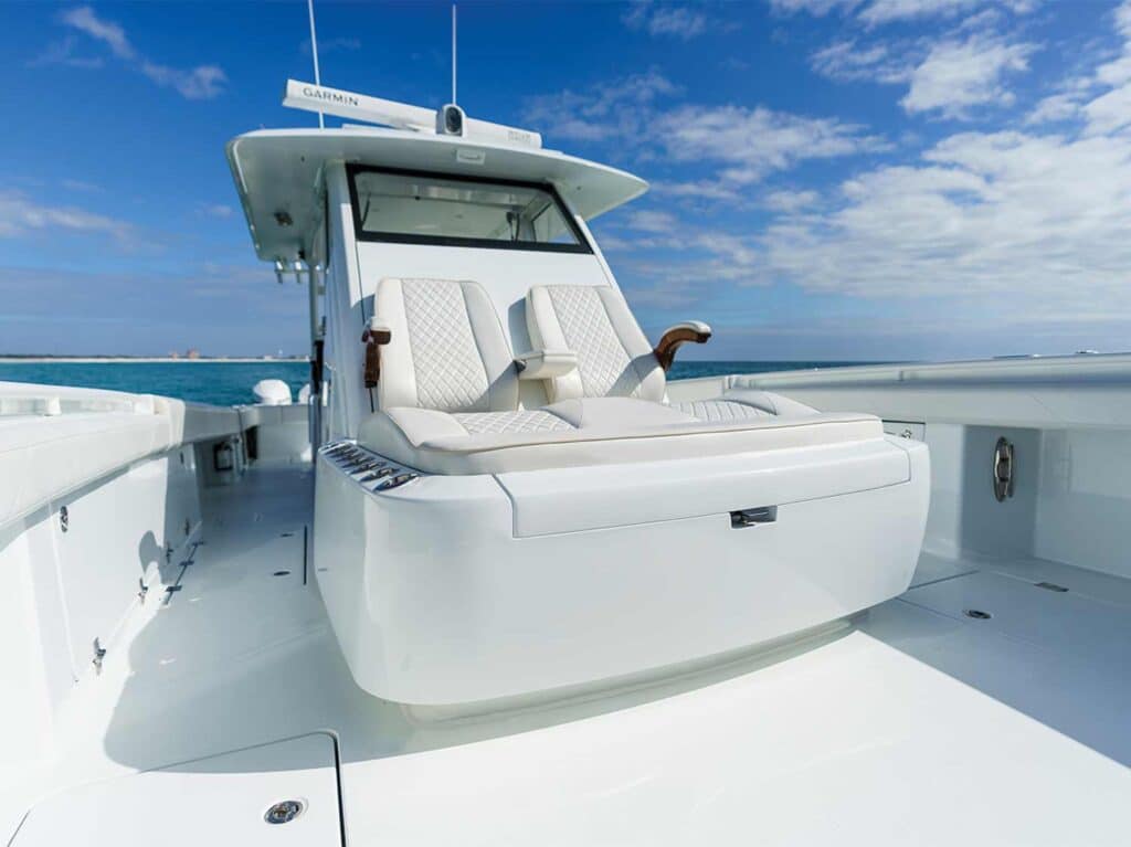 The forward lounge of a sport-fishing boat.