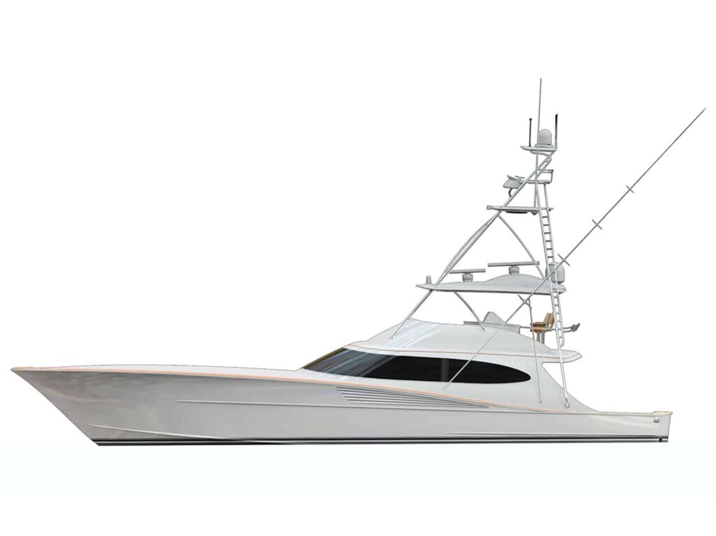 A digital rendering of a sport-fishing boat on a white background.