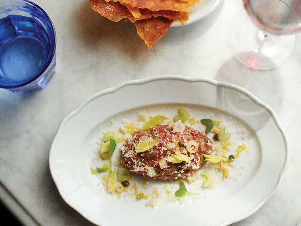 A top down view of a plate of beef tartare.