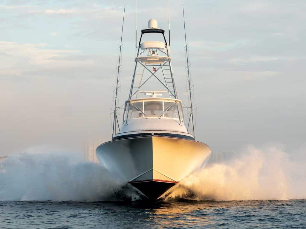 Front-view of the sport-fishing boat cruising across the water.