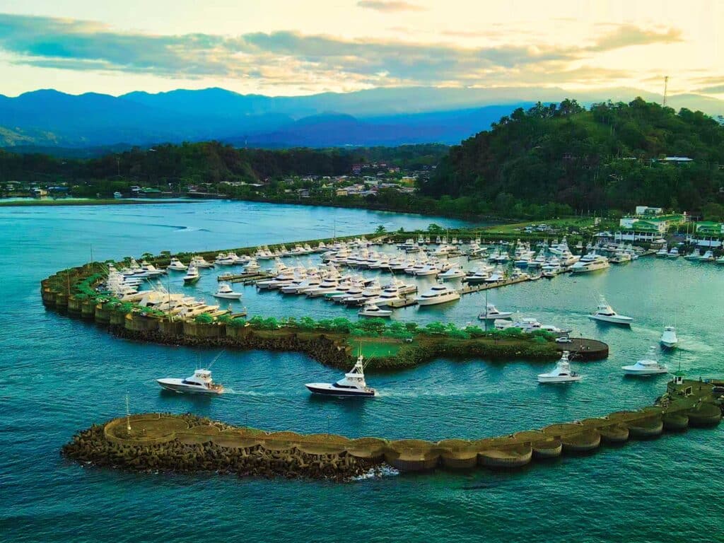 A fleet of sport-fishing boats steer their way away from Marina Pez Vela.