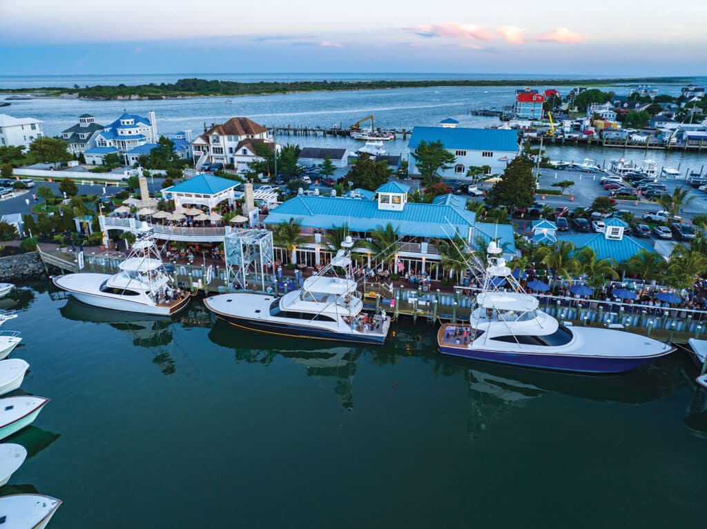 Aerial view of a boat marina and Ocean City's Sunset Grille