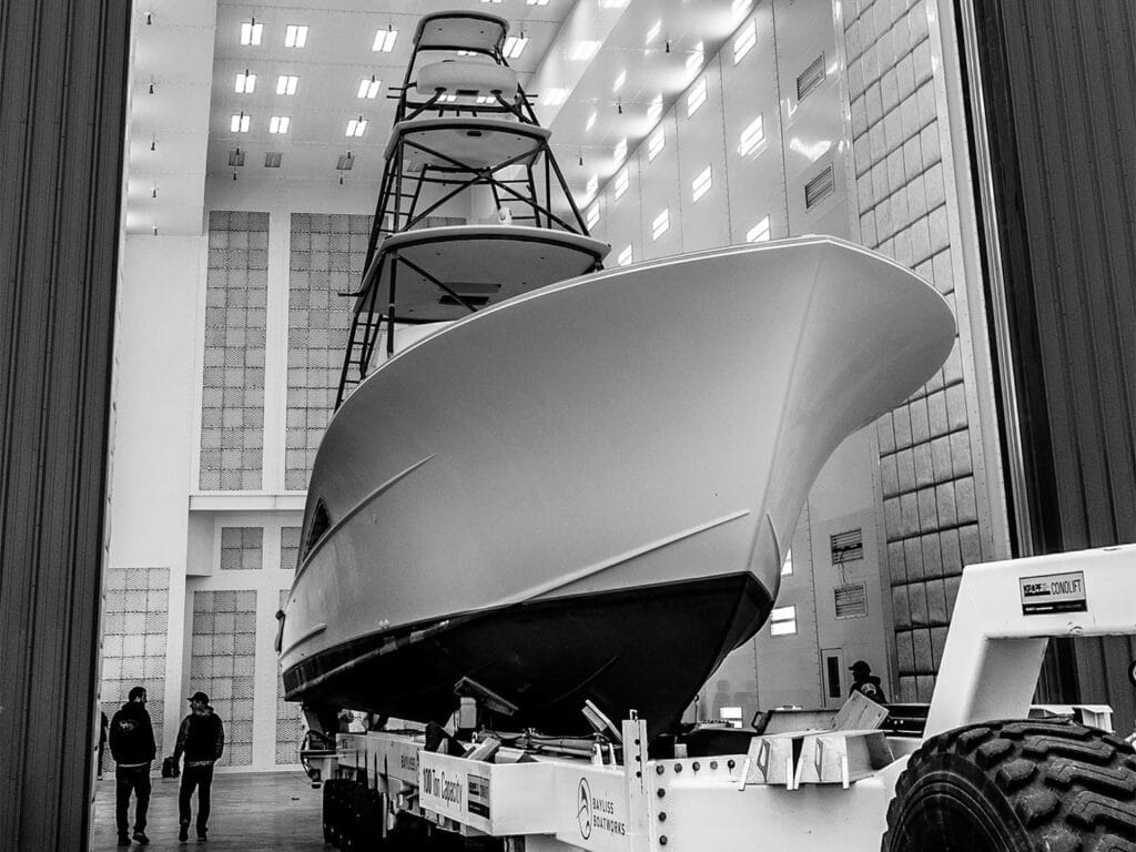 A Spencer yacht being repainted in dry dock.