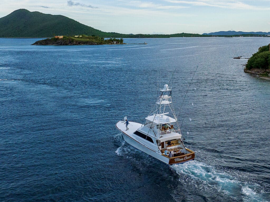 A sport-fishing boat cruises through the waters around the British Virgin Islands.