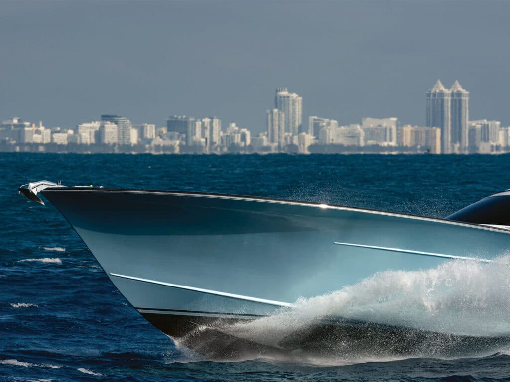 A sport-fishing boat cruising across the water.