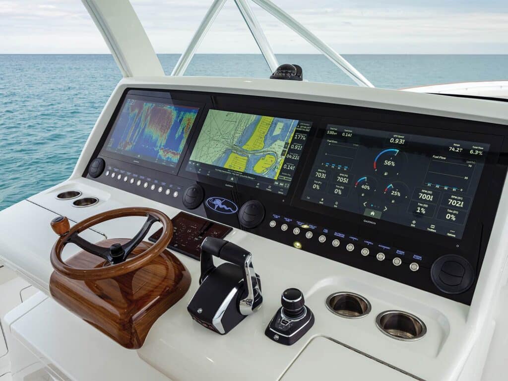 The helm and main console of the Valhalla Boatwork 55.