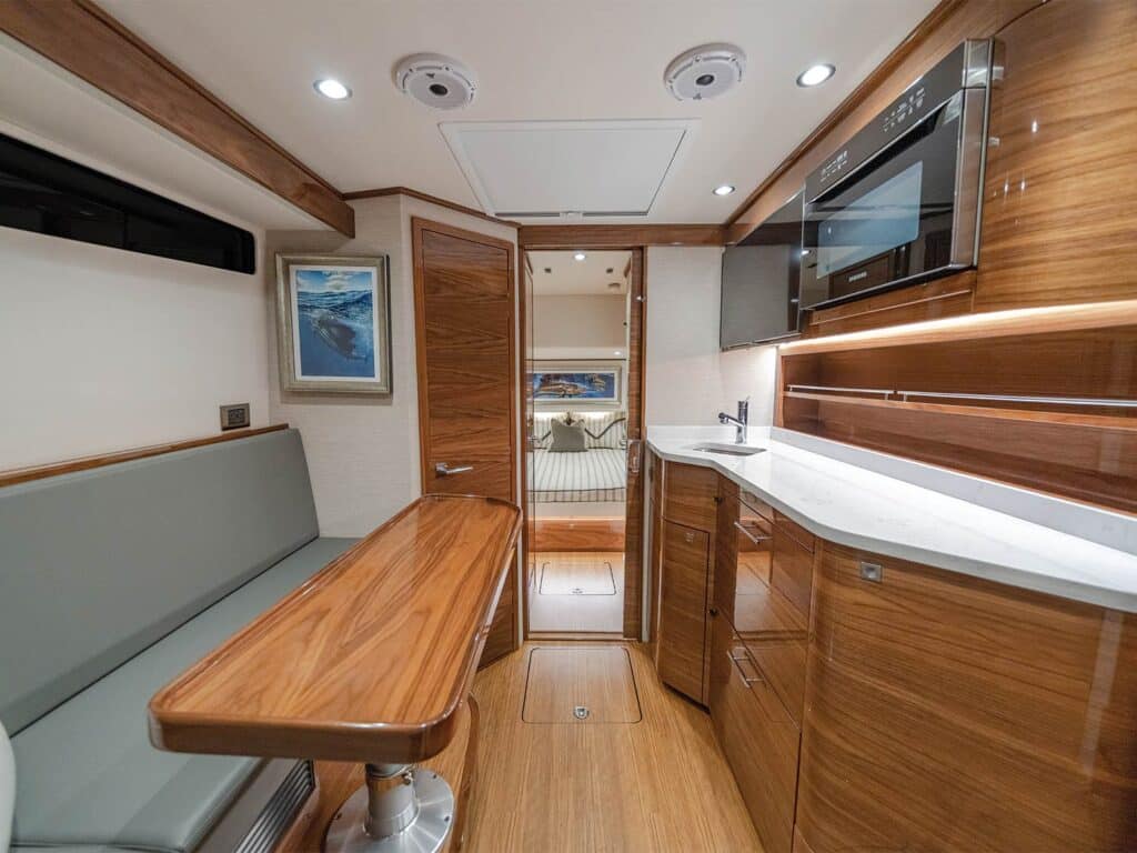 The interior salon and seating of the Valhalla Boatwork 55.