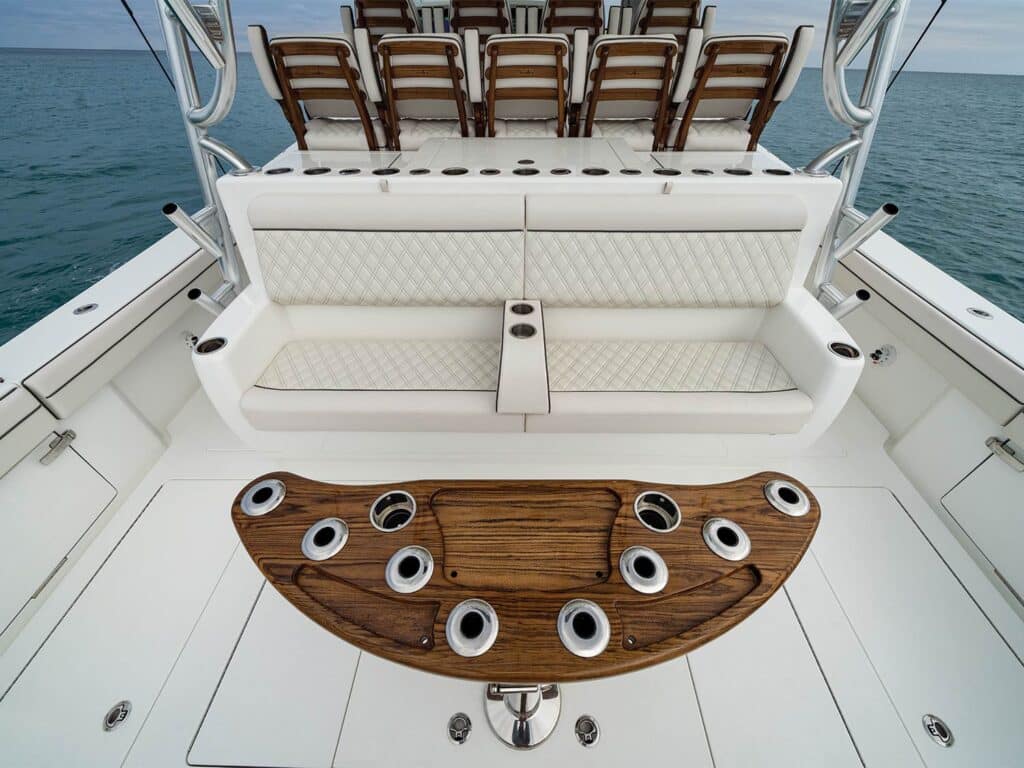 The mezzanine and cockpit fighting chair of the Valhalla Boatwork 55.
