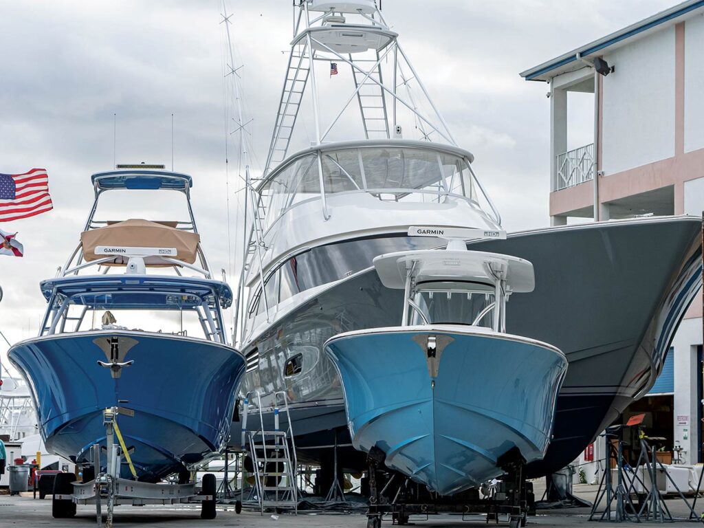 Two boats in the dry dock of Viking Yacht Service Center.