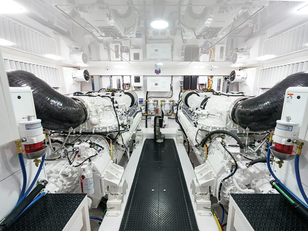 The engine room of the Viking Yacht 90 sport-fishing boat.