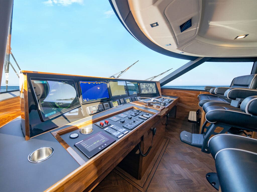 The helm of the Viking Yacht 90 sport-fishing boat.