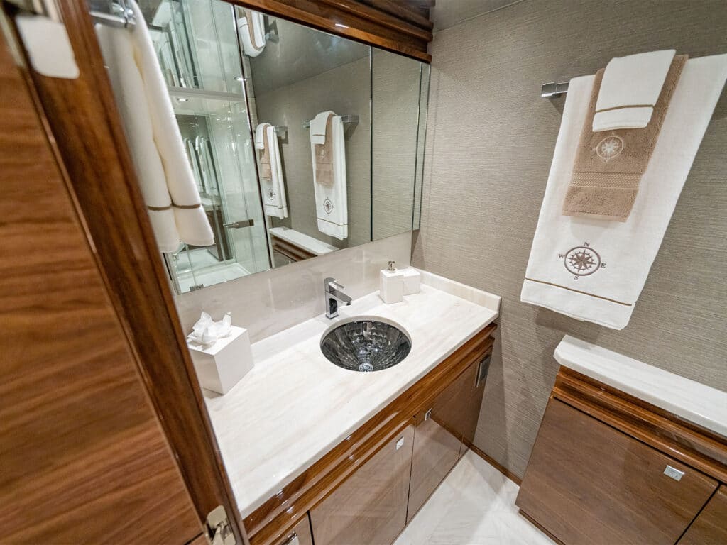 Interior bathroom of the Viking Yacht 90 sport-fishing boat.