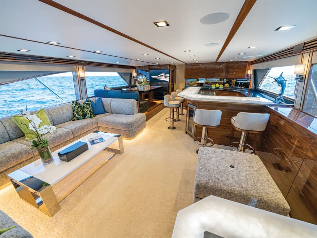The interior galley and salon of the Viking Yacht 90 sport-fishing boat.
