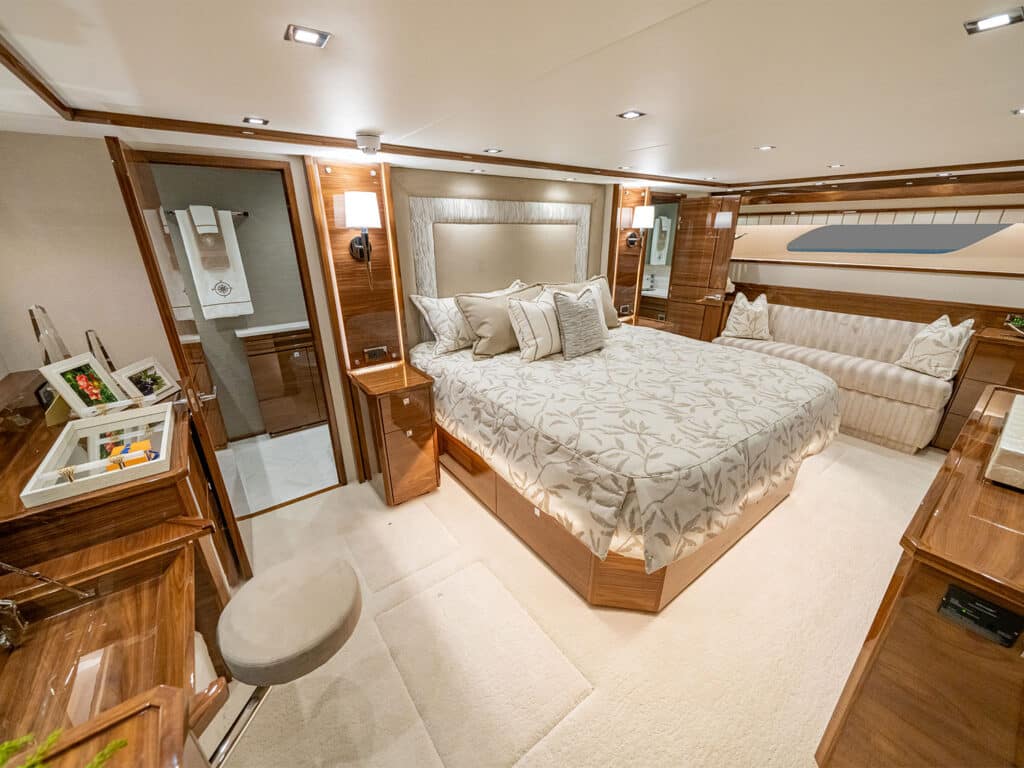 The master stateroom of the Viking Yacht 90 sport-fishing boat.