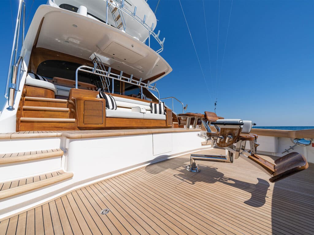 The cockpit and mezzanine of the Viking Yacht 90 sport-fishing boat.