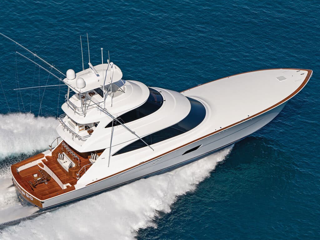 The Viking Yachts 90 sport-fishing boat cruising across the water.