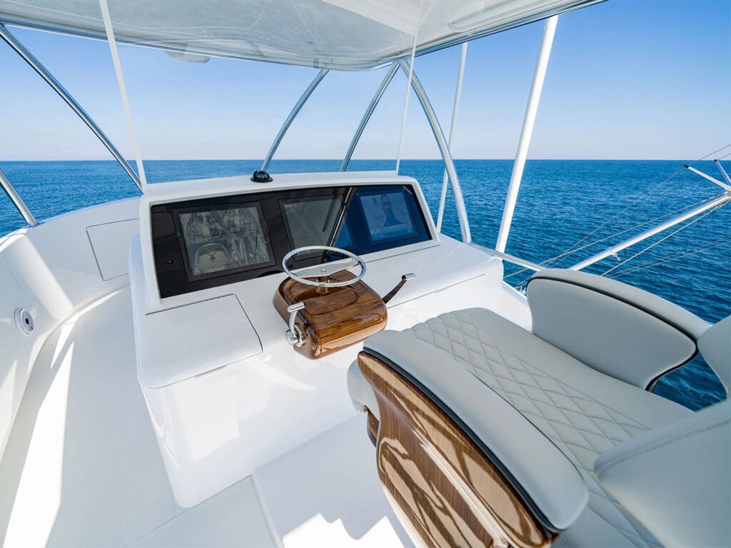 The tower helm of the Viking Yacht 90 sport-fishing boat.