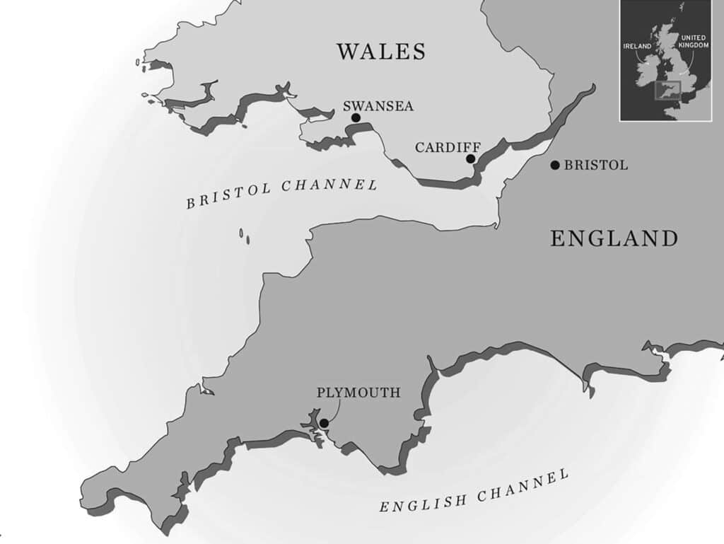 A digital rendering of a map of Wales and England.